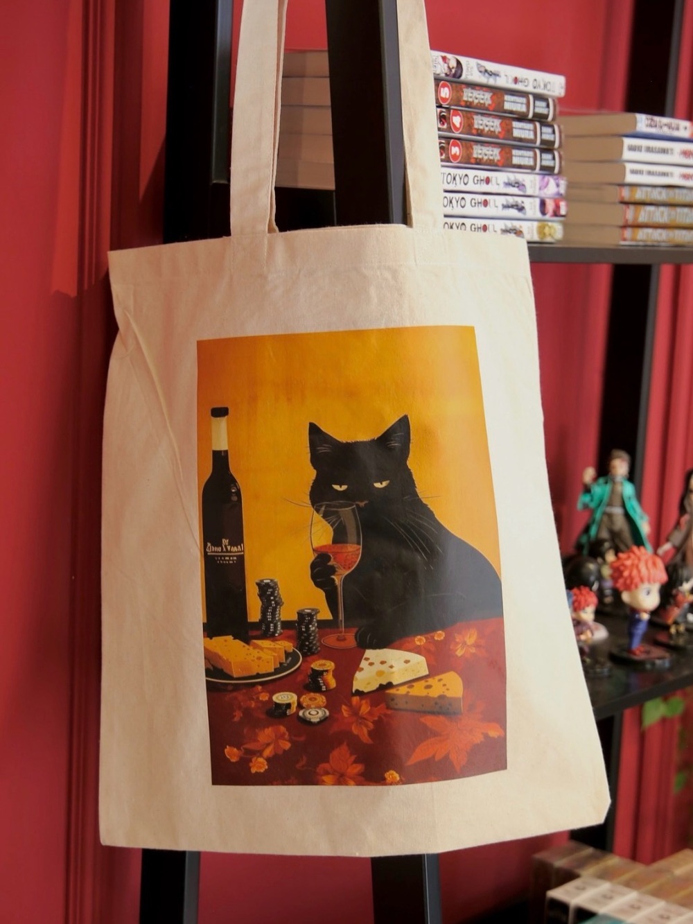 Copenhagen Tote Bag with Black Cat Holding Wine Glass 15”x19”
